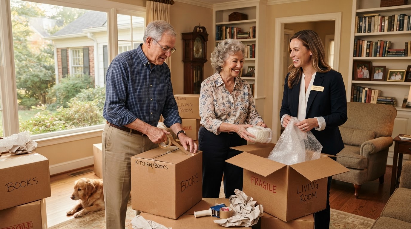 A warm scene of a senior couple in their 70s packing boxes in their Georgia home with a real estate advisor helping them