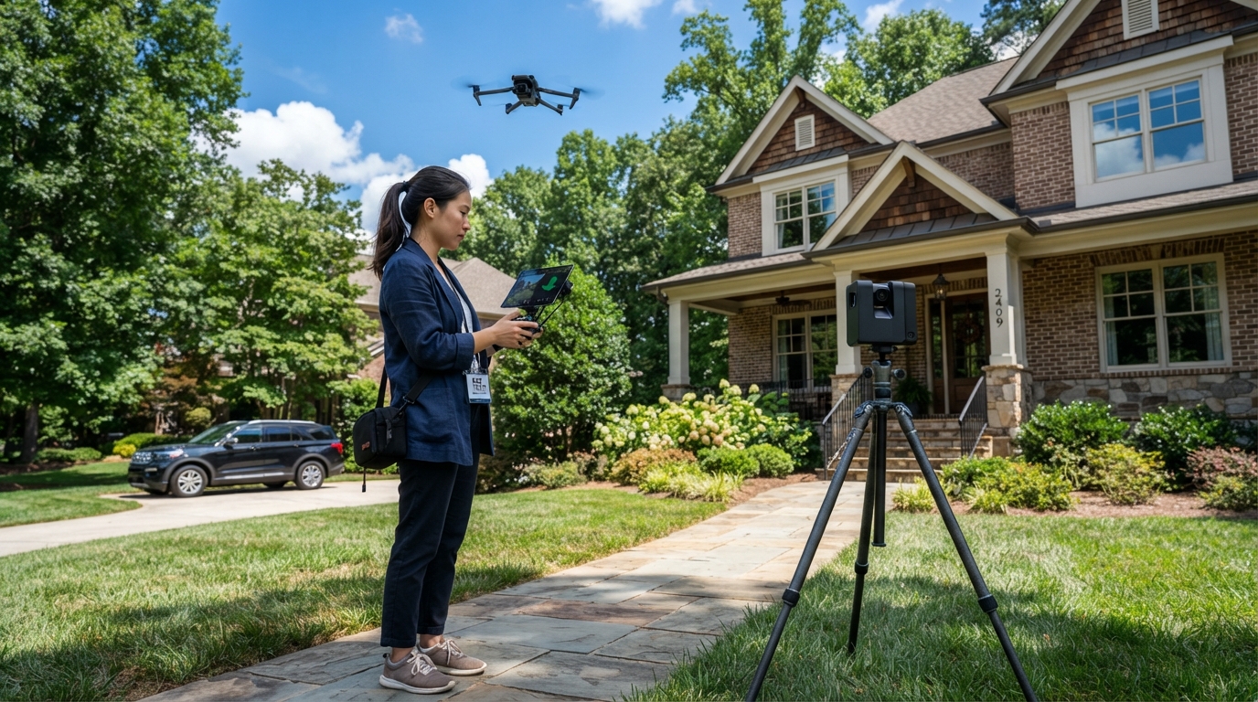 An Asian female real estate photographer operating a drone and 3D scanning equipment in front of a Charlotte NC home