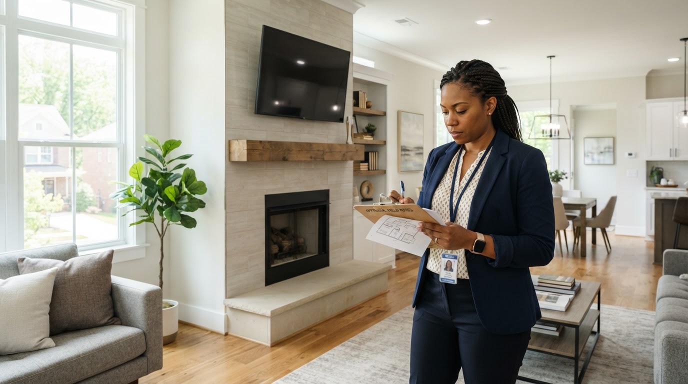 A professional Black female real estate appraiser with clipboard inspecting a Charlotte home interior near a fireplace