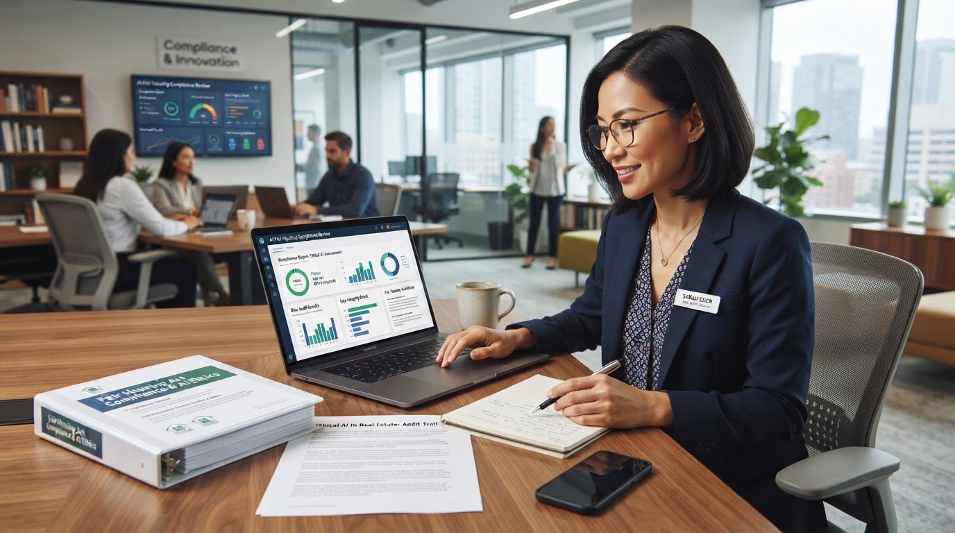 A diverse real estate professional reviewing AI fair housing compliance on a laptop with compliance documents in a modern office