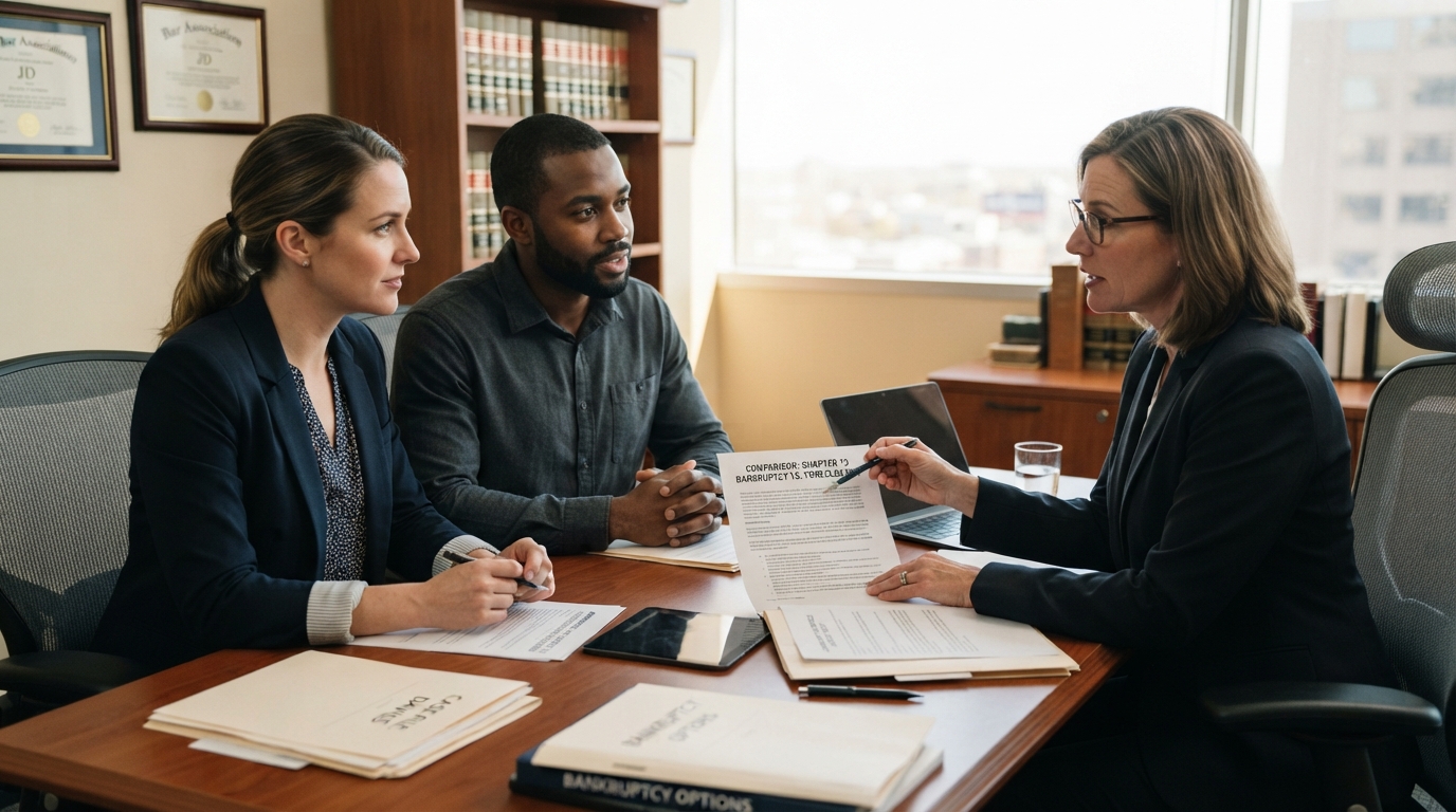 A diverse couple meeting with a bankruptcy attorney comparing bankruptcy vs foreclosure options with legal documents on a desk