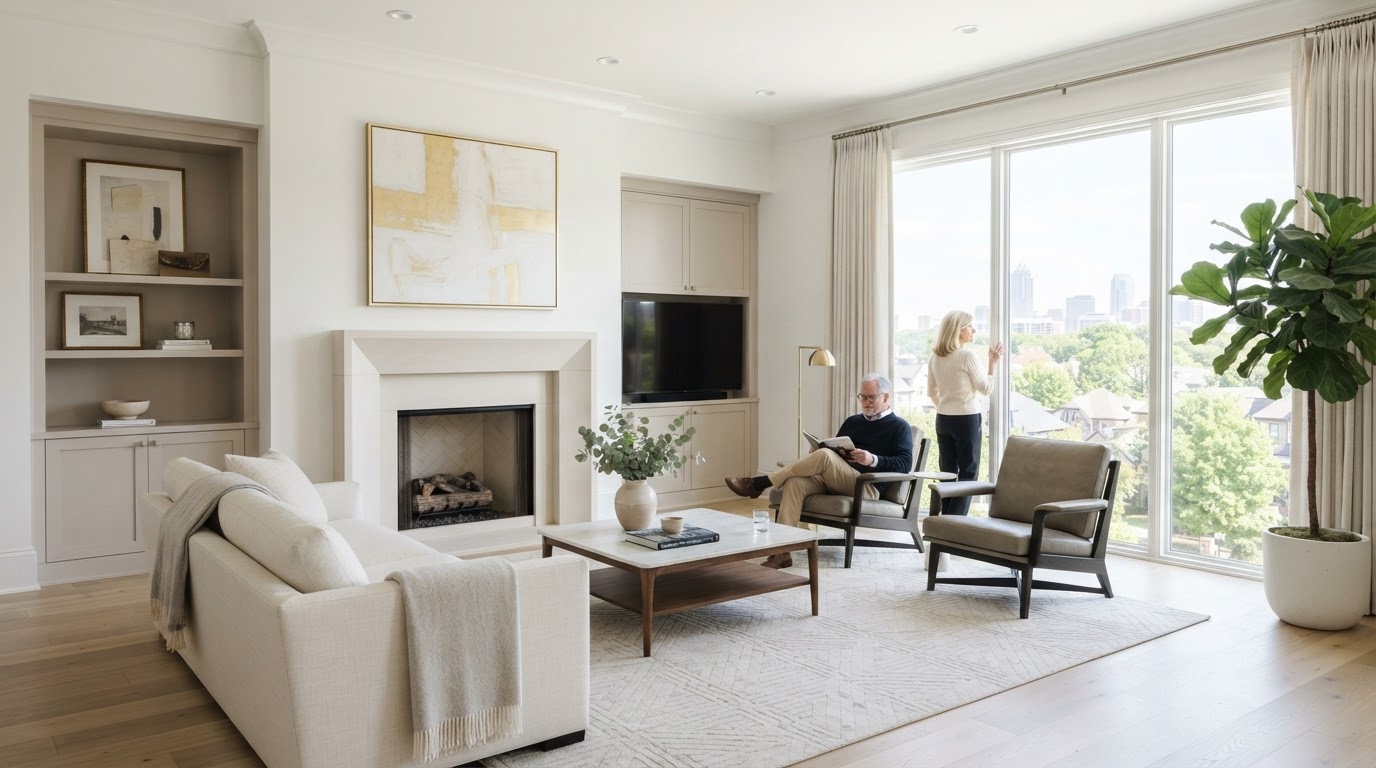 Elegant, simplified luxury living room in a downsized Charlotte condo