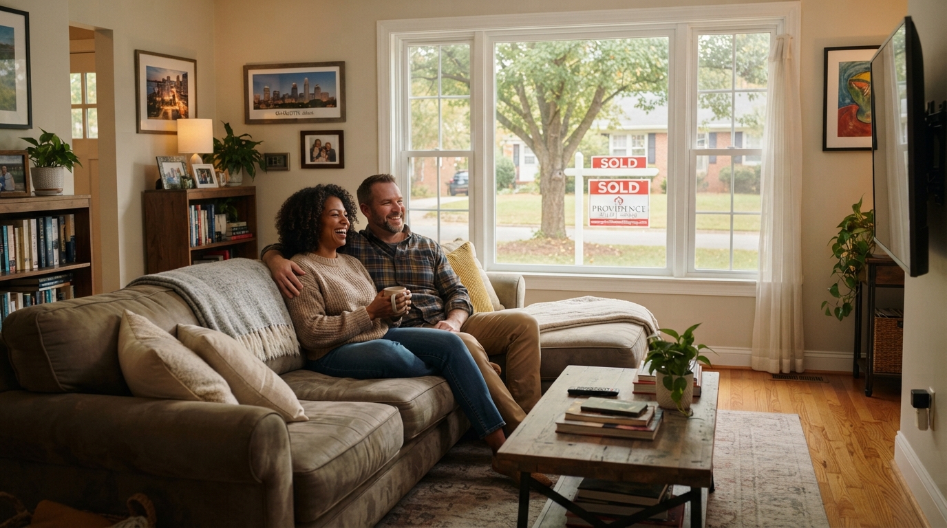 A diverse couple in their 40s relaxing on the couch in their Charlotte home with a sold sign visible through the window, representing selling while staying as renters