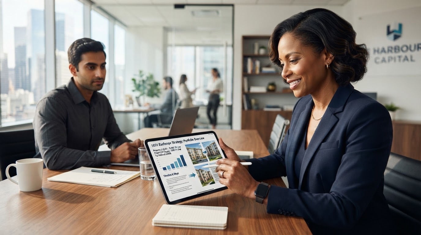 A diverse real estate investor reviewing property portfolio documents on a tablet showing 1031 exchange strategy charts