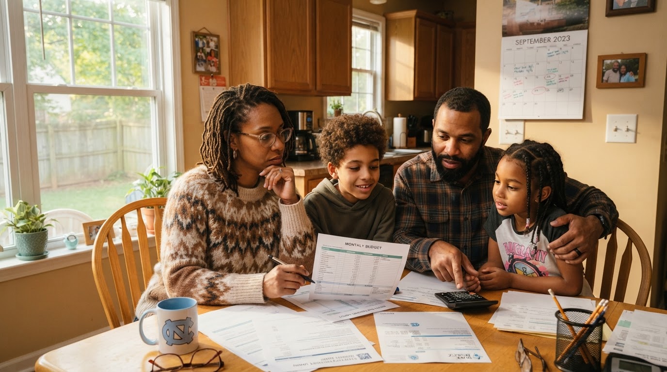 A diverse Black family reviewing foreclosure timeline documents at their kitchen table in North Carolina