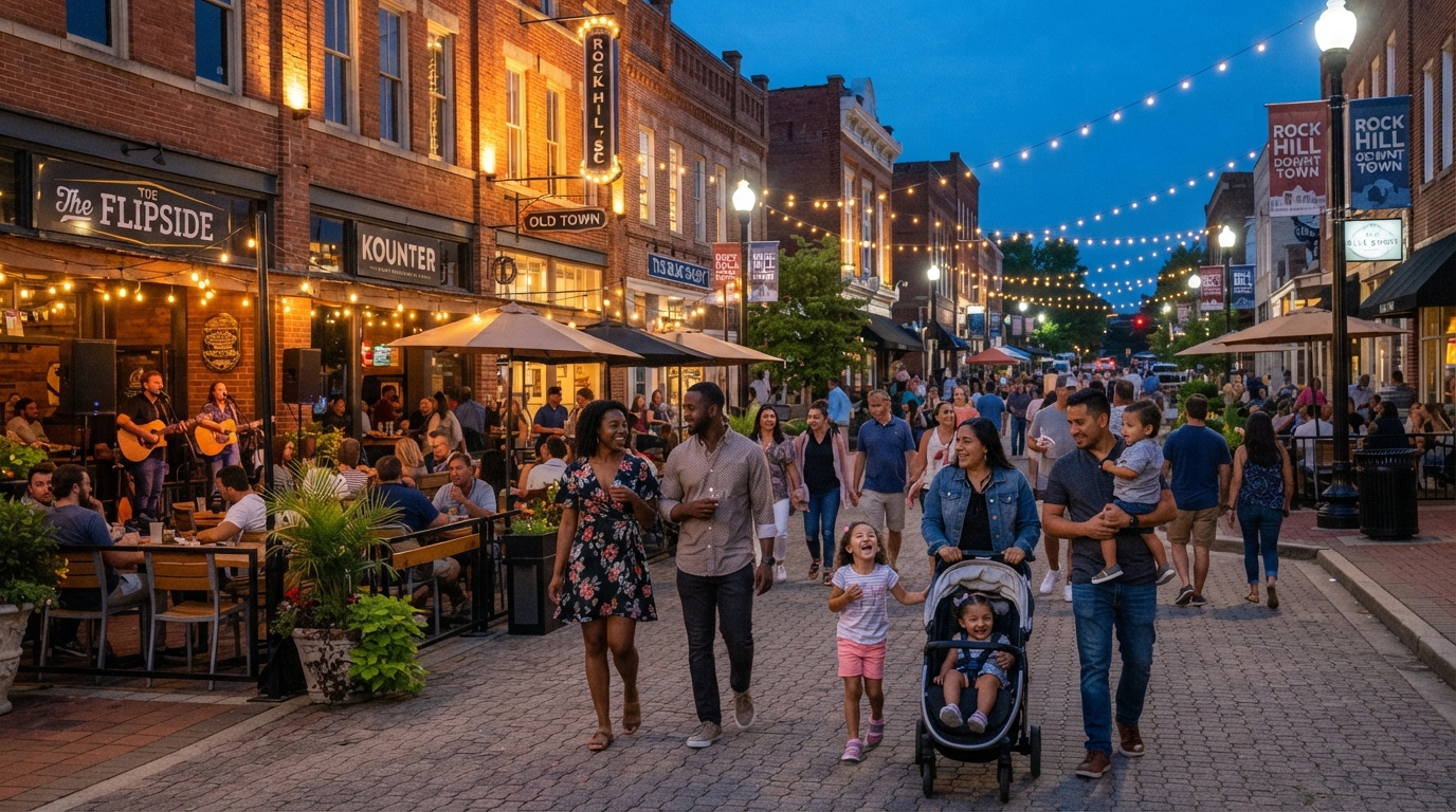 A diverse group of young professionals and families walking through a revitalized downtown Rock Hill South Carolina on a weekend evening, with string lights, outdoor dining patios, and live music