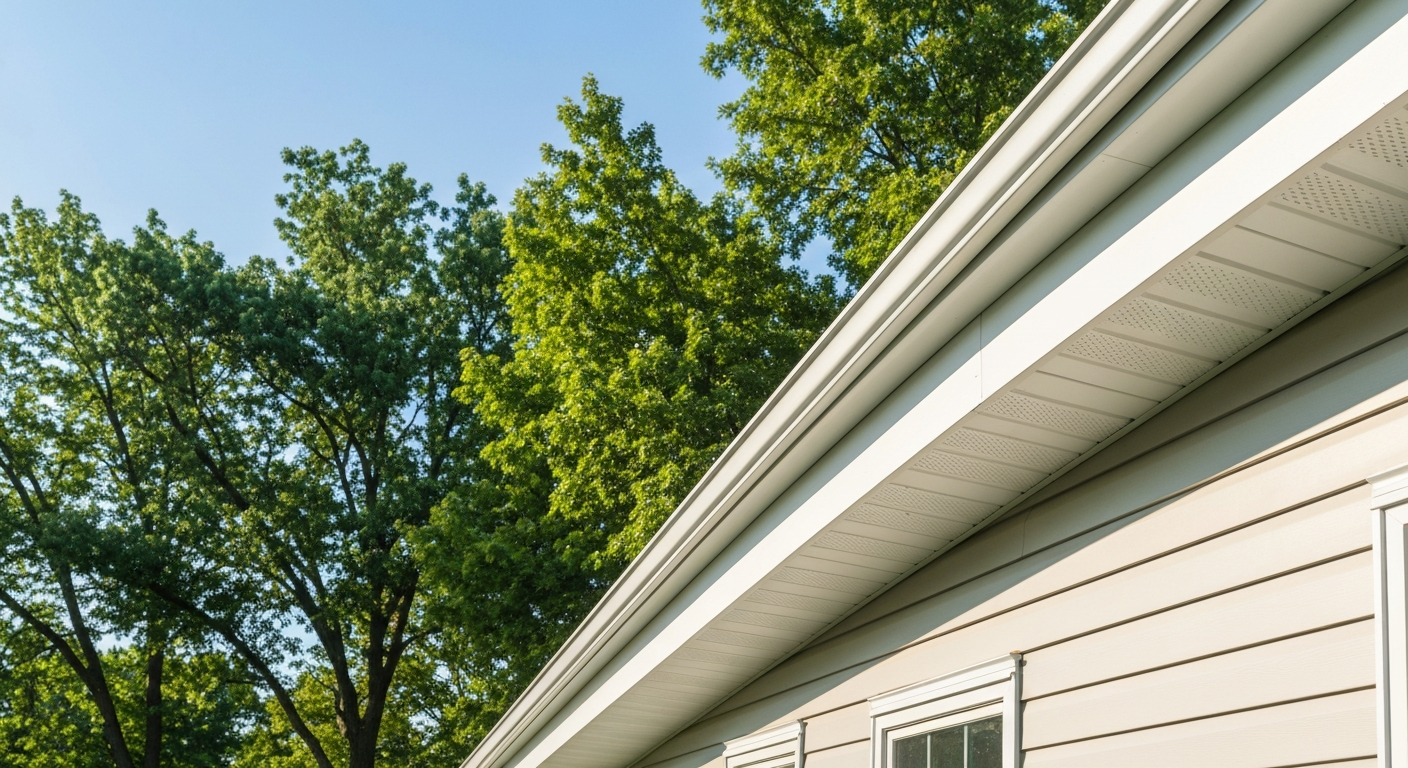 Brand new white vinyl soffit panels and white aluminum fascia freshly installed