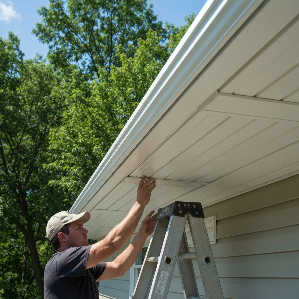 Worker installing white vinyl soffit panels along roofline