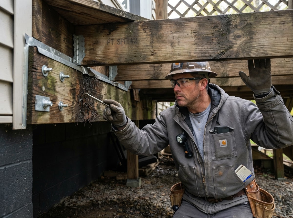 Contractor inspecting deck framing and ledger board for rot during a repair assessment