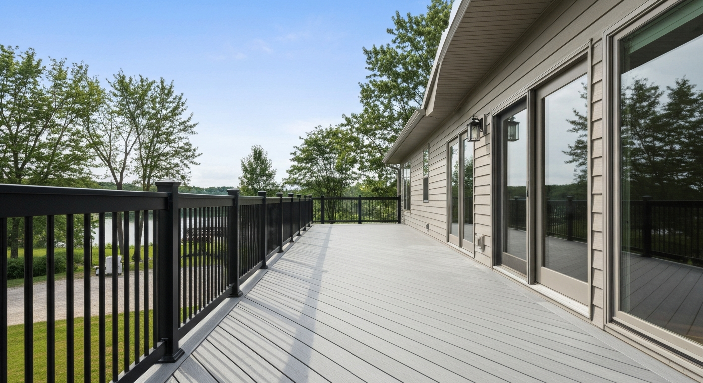Beautiful light gray Trex deck with black railings