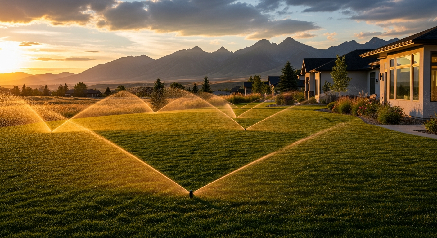 Lush lawn with sprinklers in Bozeman