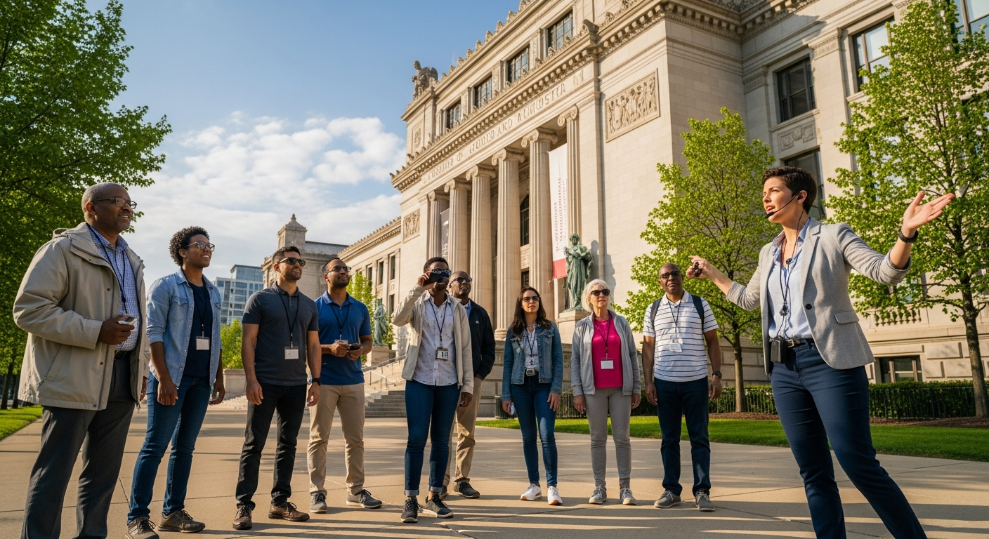 Diverse group on a walking tour by the Museum of Science and Industry