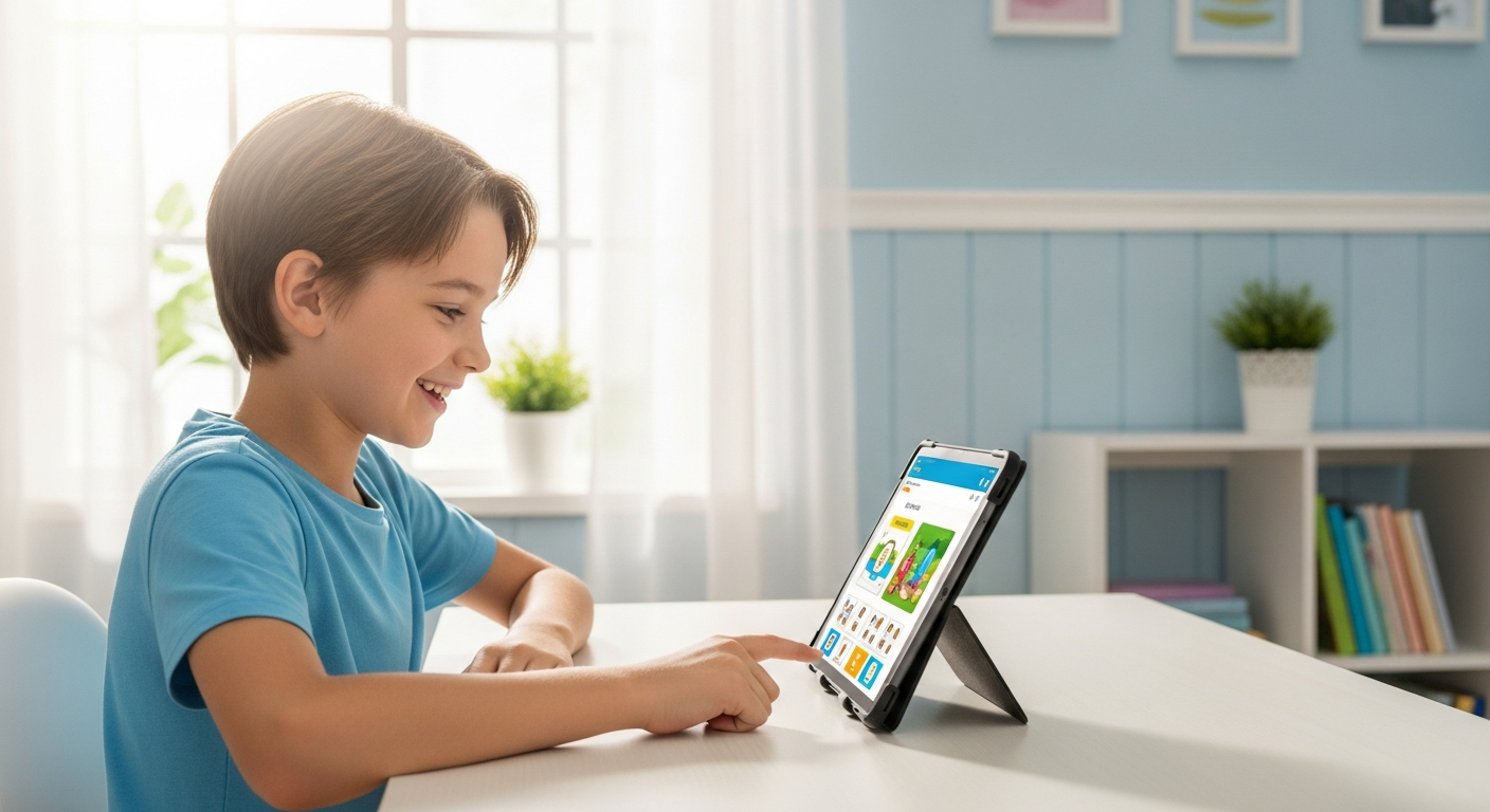 Happy child confidently practicing math on a tablet