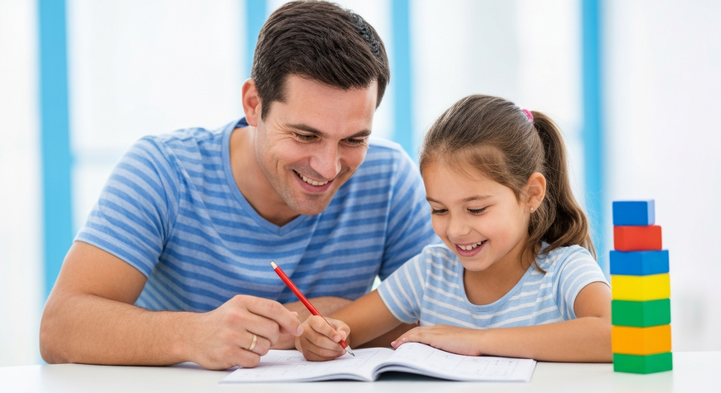 Parent and child happily working on times tables together