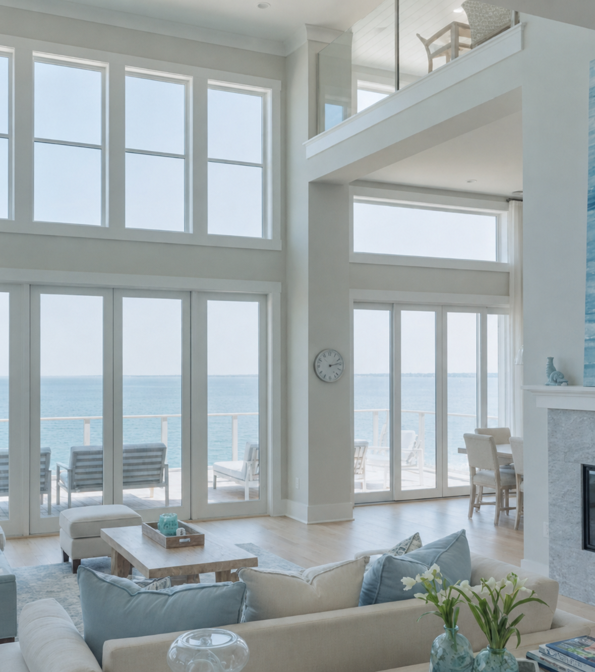 Modern coastal luxury home interior overlooking the water