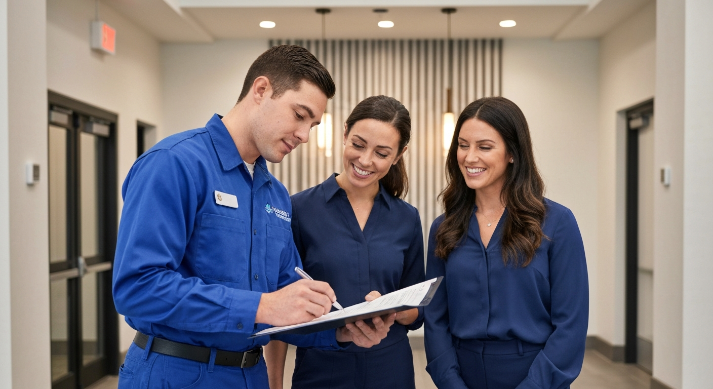 Property manager reviewing documents with Amerimax technician