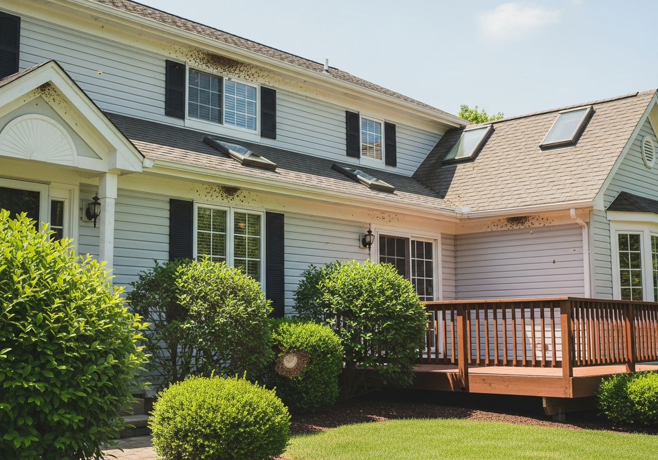 Residential home exterior showing potential wasp nesting sites