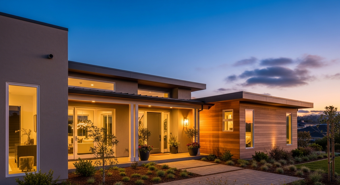 Beautiful home exterior at dusk