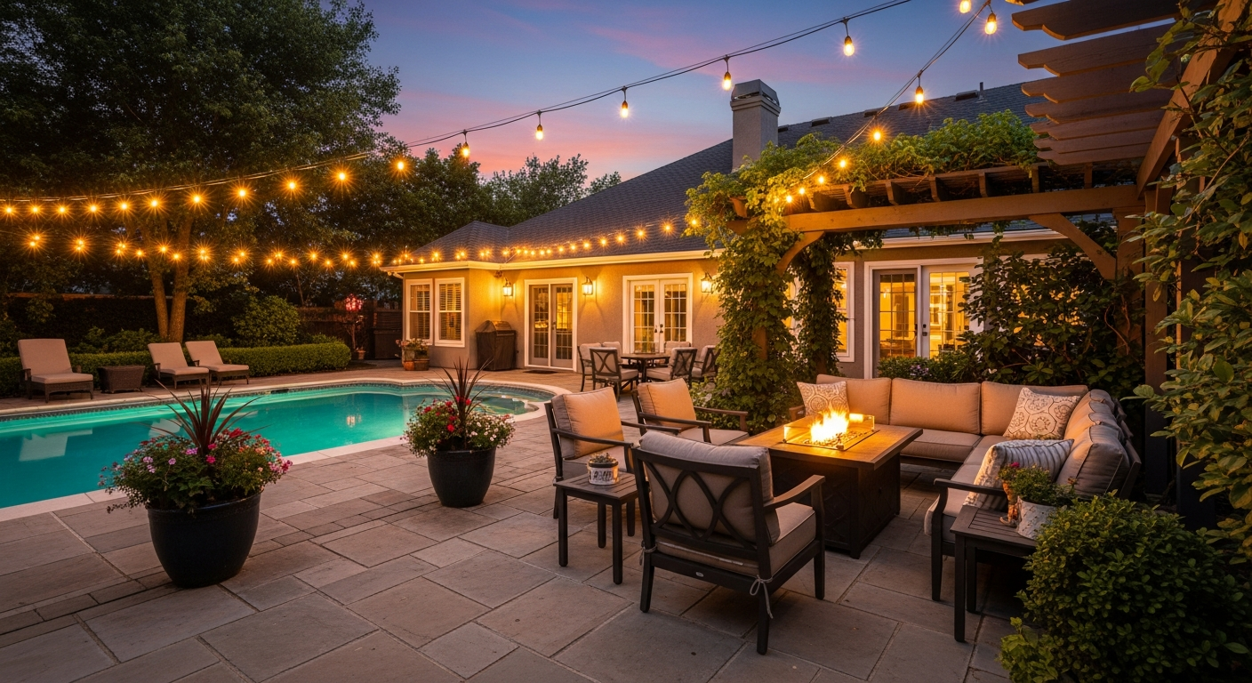 Warm backyard patio at dusk with string lights