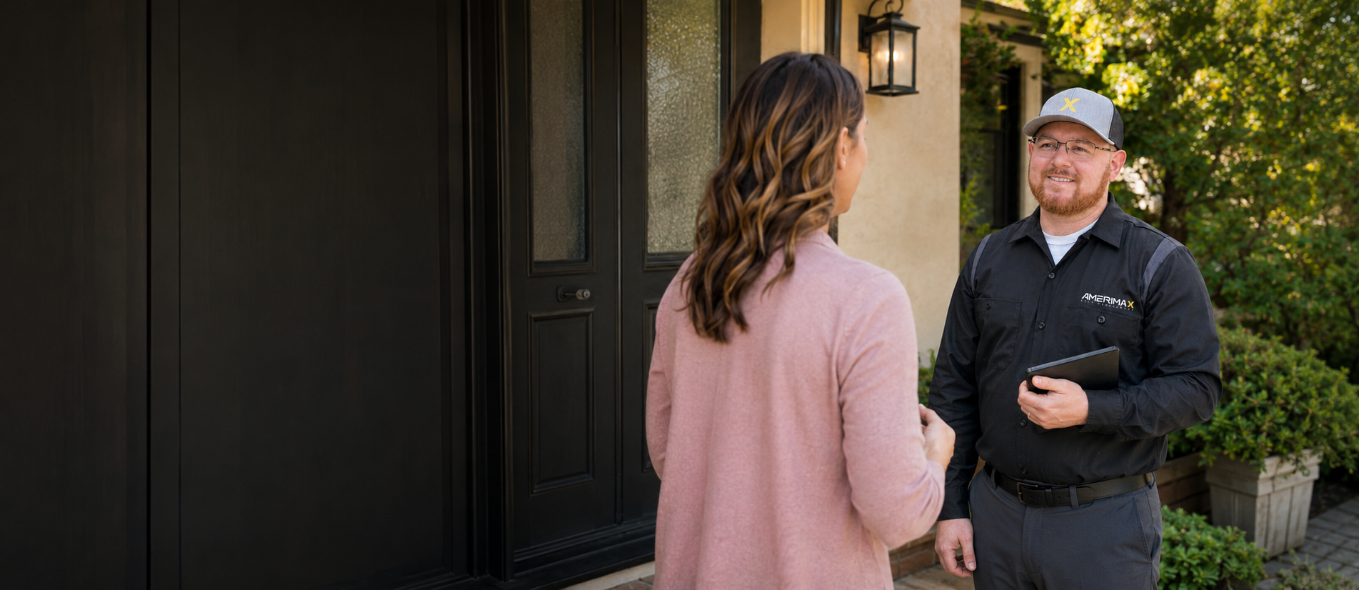 Amerimax pest control technician greeting a homeowner