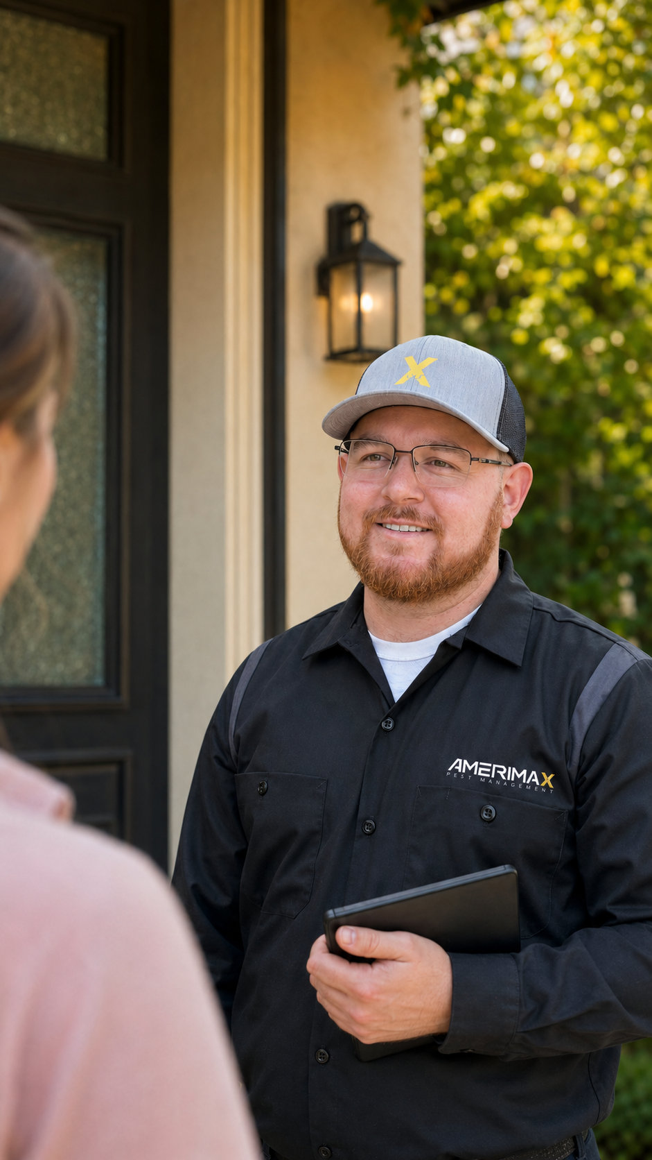 Amerimax pest control technician greeting a homeowner