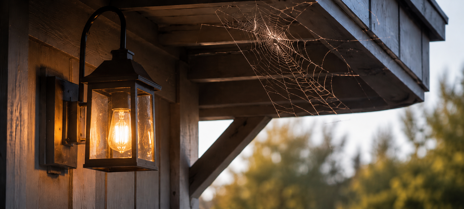 Spider web covering a porch light