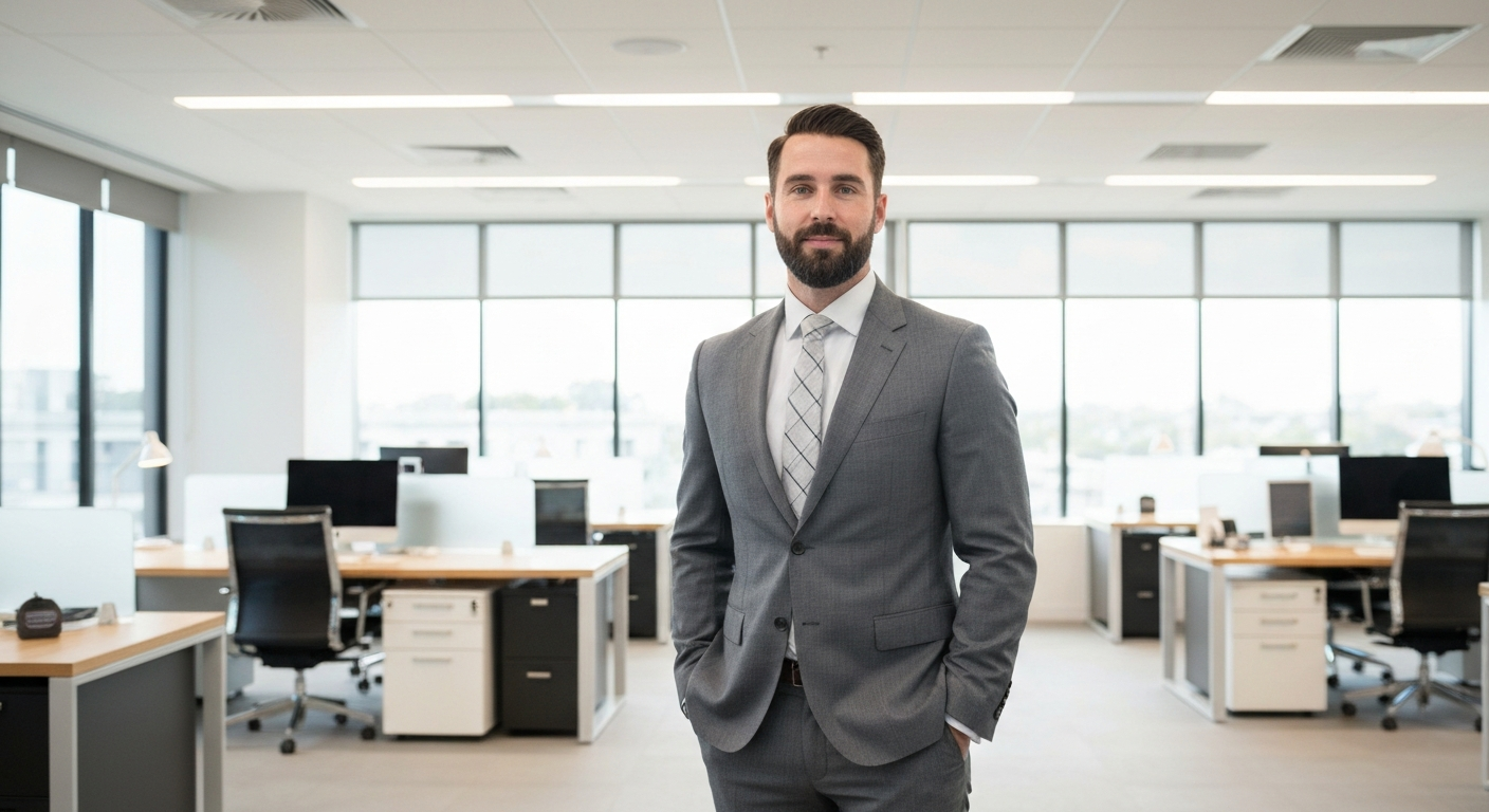 Australian business owner using AI automation and CRM software in a modern office