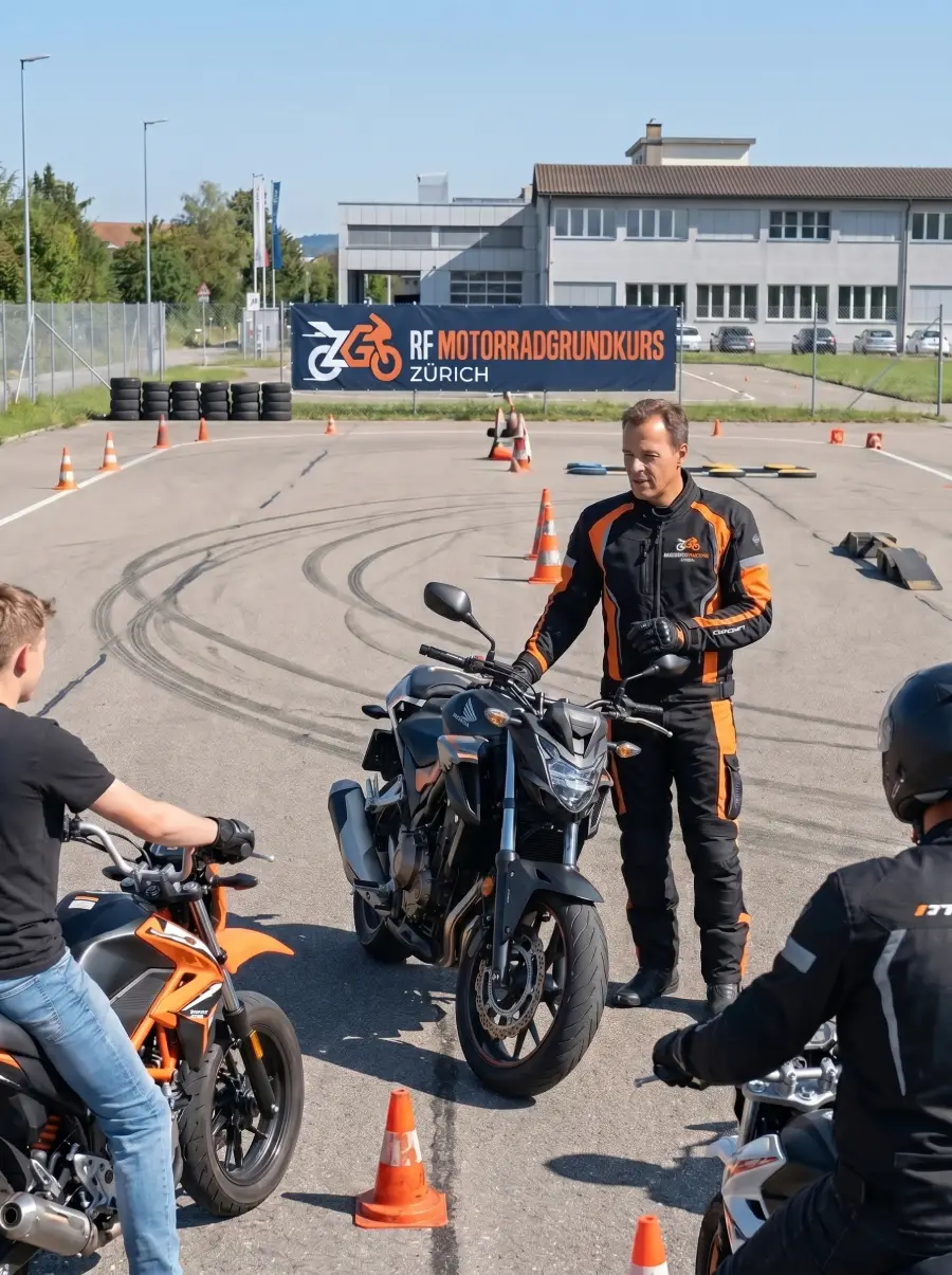 Motorradgrundkurs Zürich Instruktor mit Schülern