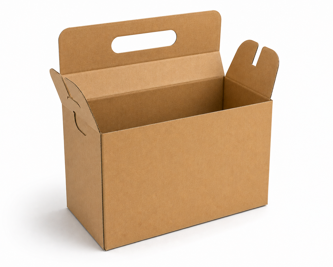 Die-cut custom corrugated box with self-locking tabs and integrated handle