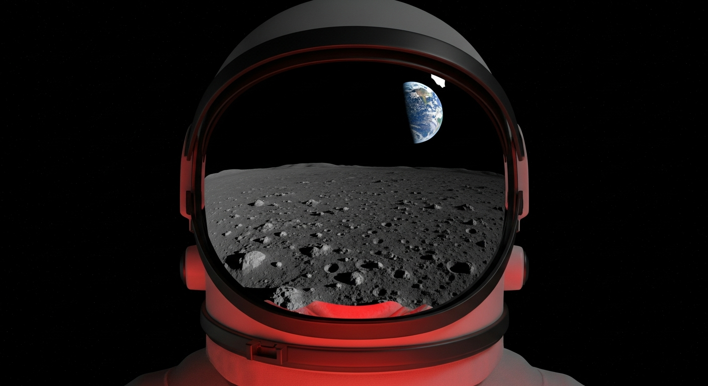 Capacete de astronauta refletindo o universo digital com brilho vermelho