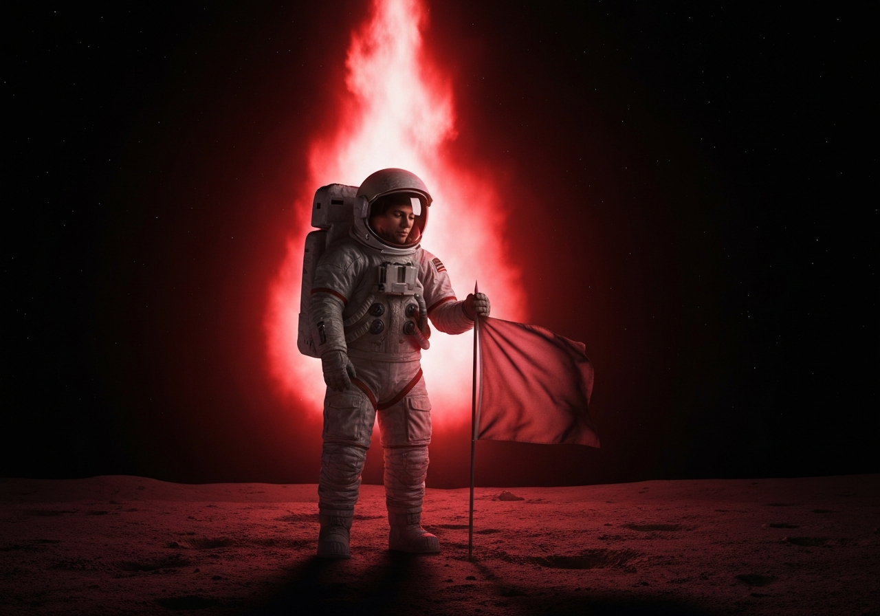 Astronauta na superfície lunar com brilho vermelho