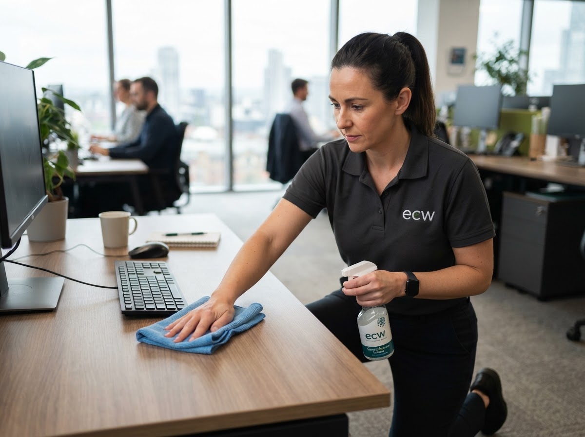 Professional cleaner detail-cleaning an office surface