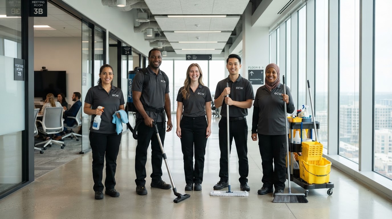 Professional EverClean Works cleaning crew in a commercial building