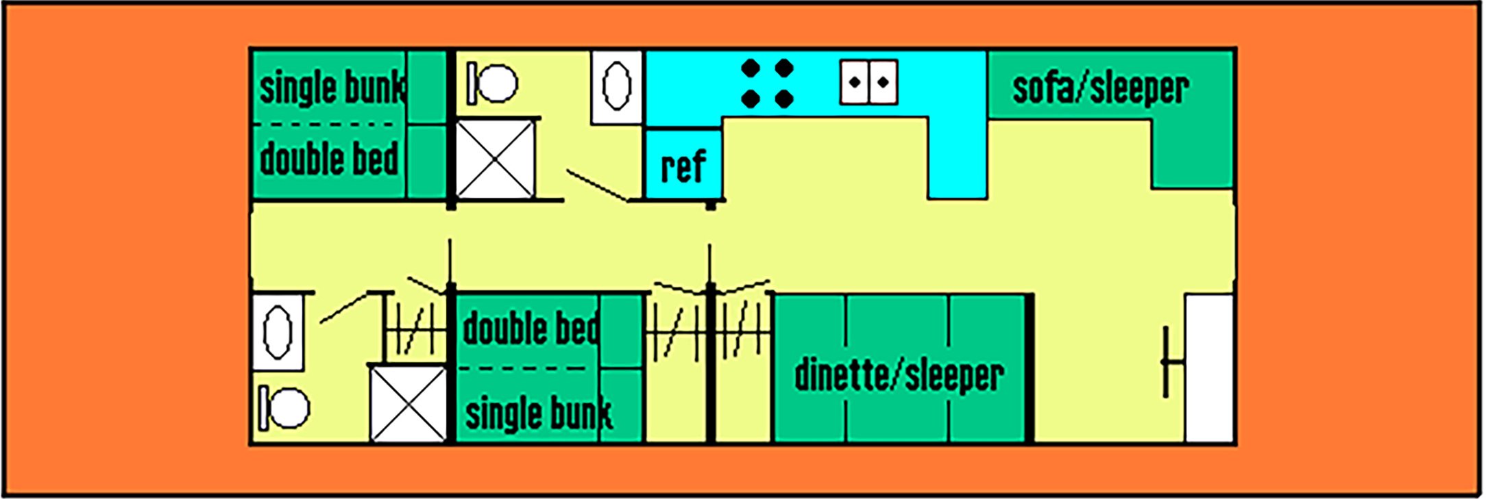 53ft Houseboat Floor Plan layout showing 2 staterooms and 2 heads