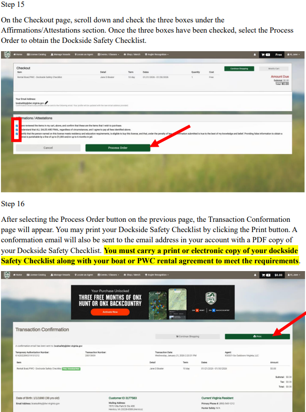Step 15 & 16: Process Order and Print Dockside Safety Checklist