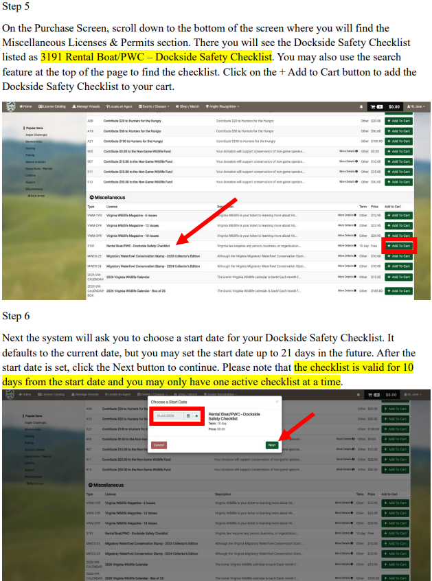 Step 5 & 6: Add Dockside Safety Checklist to Cart and Choose Start Date