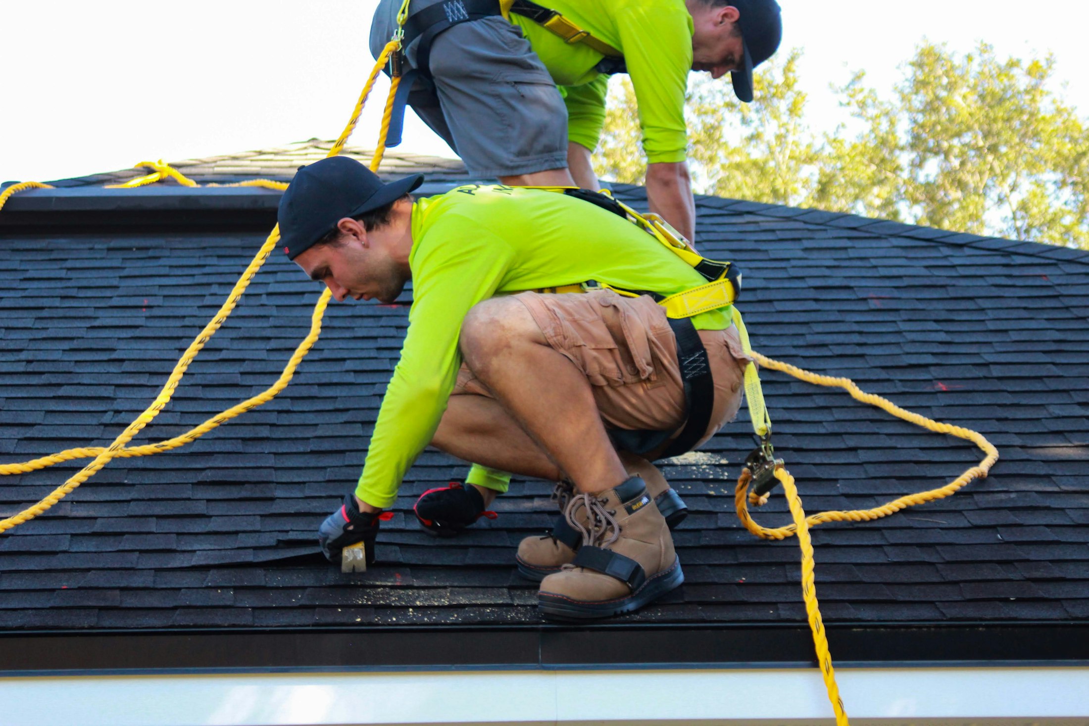 Two roofers in safety harnesses working on a shingled roof