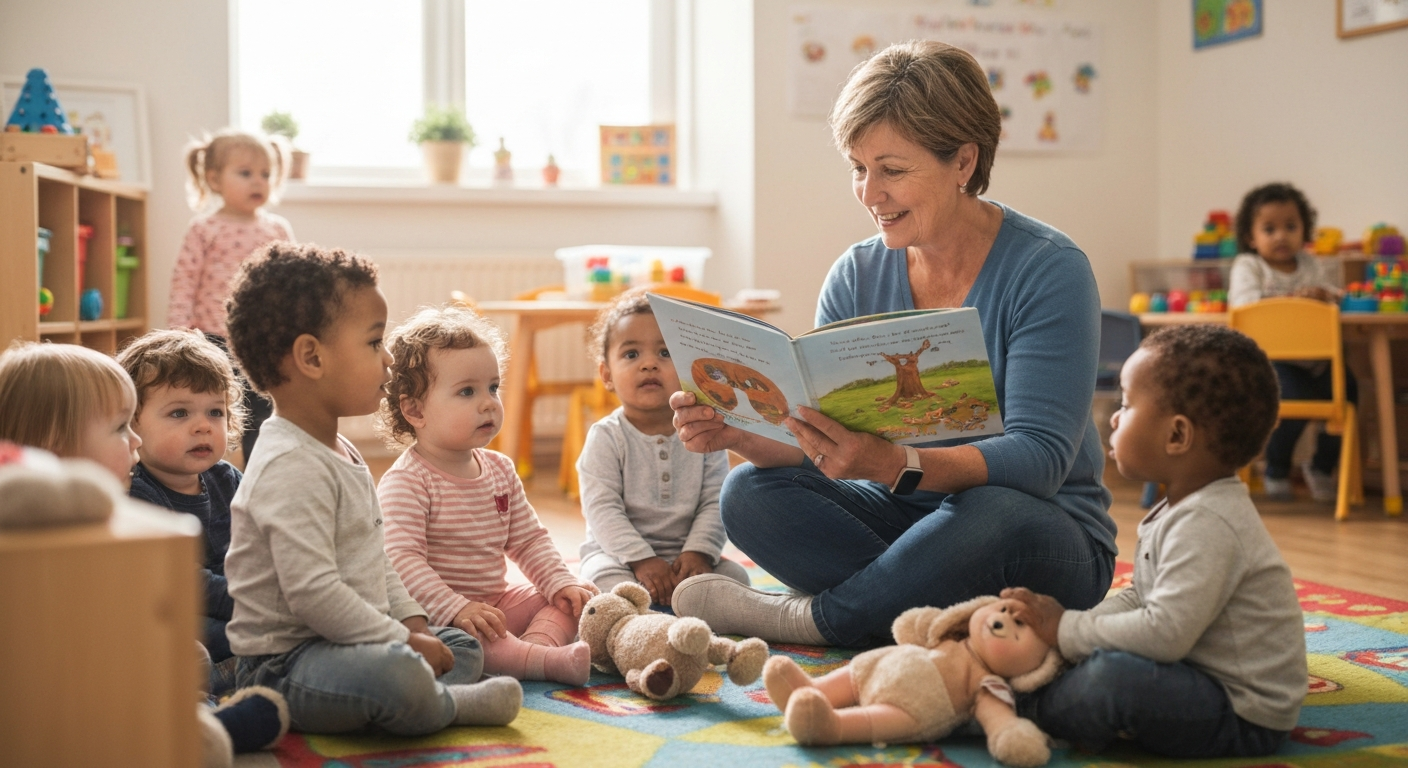 Childcare provider reading to toddlers