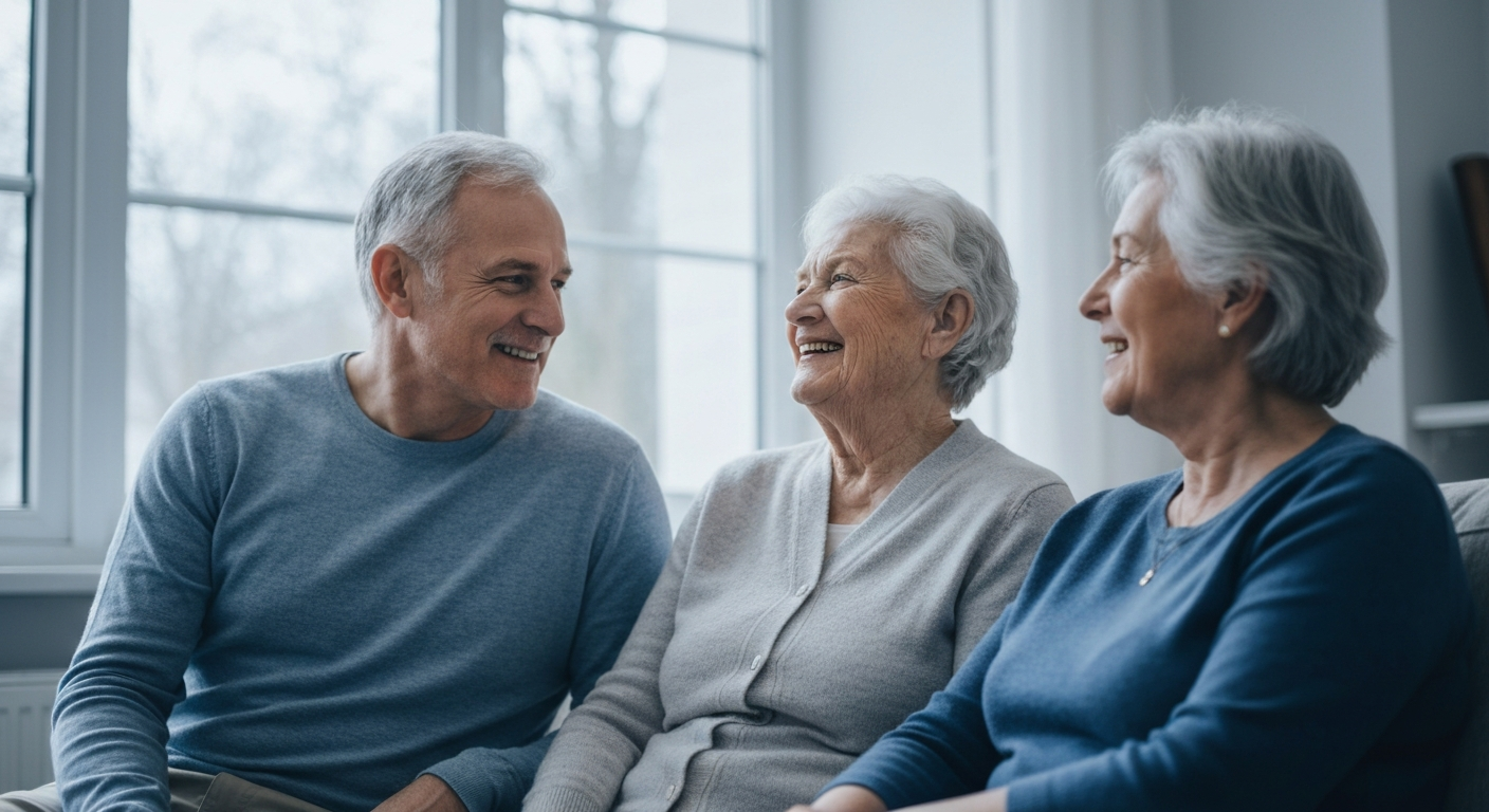 A warm, real moment between an adult child and an elderly parent at home