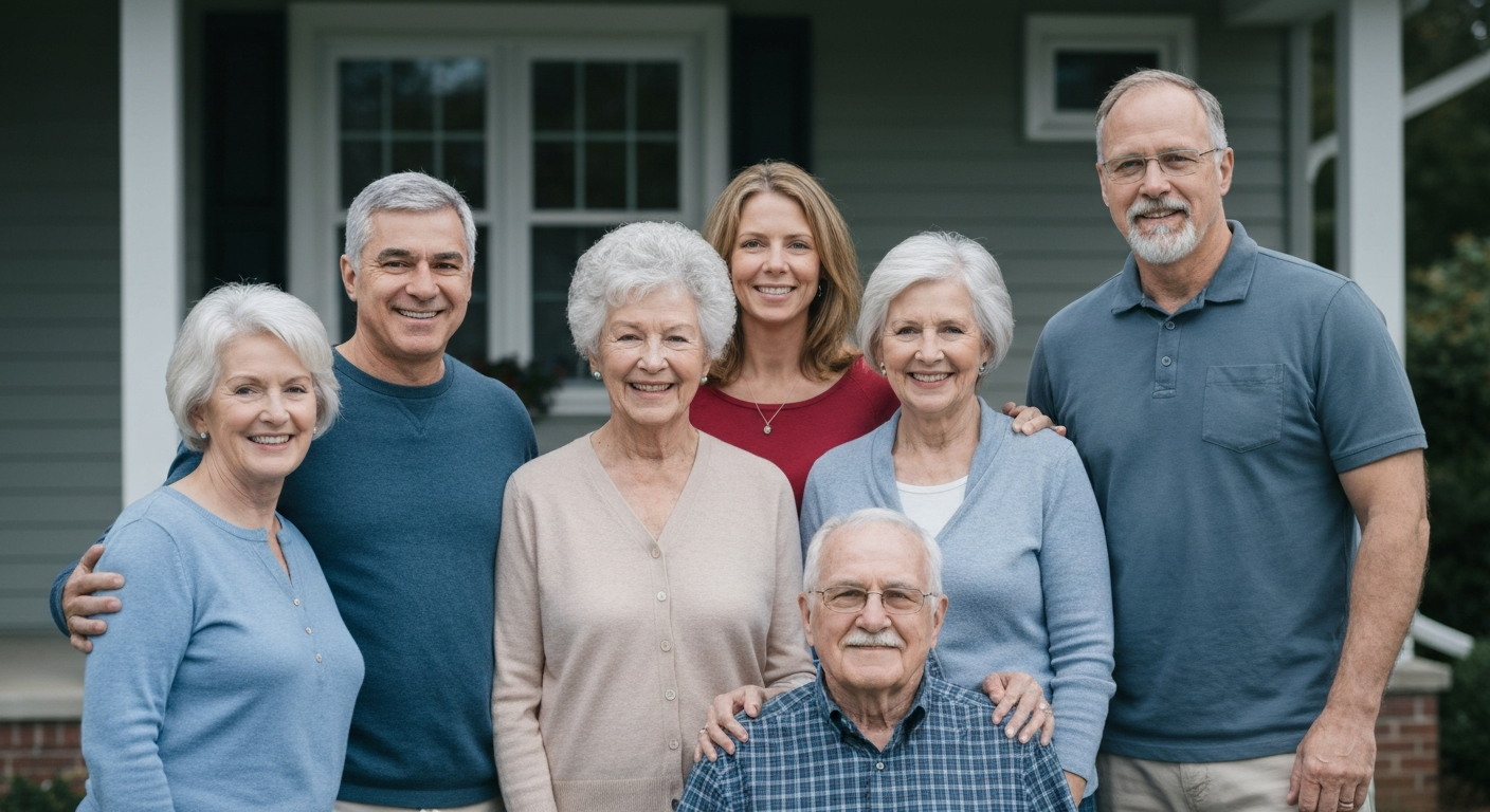 Family standing together outside their home