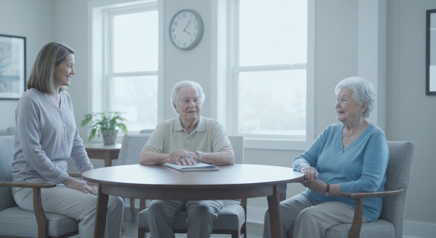 A bright, welcoming senior living common room with a resident and family member touring