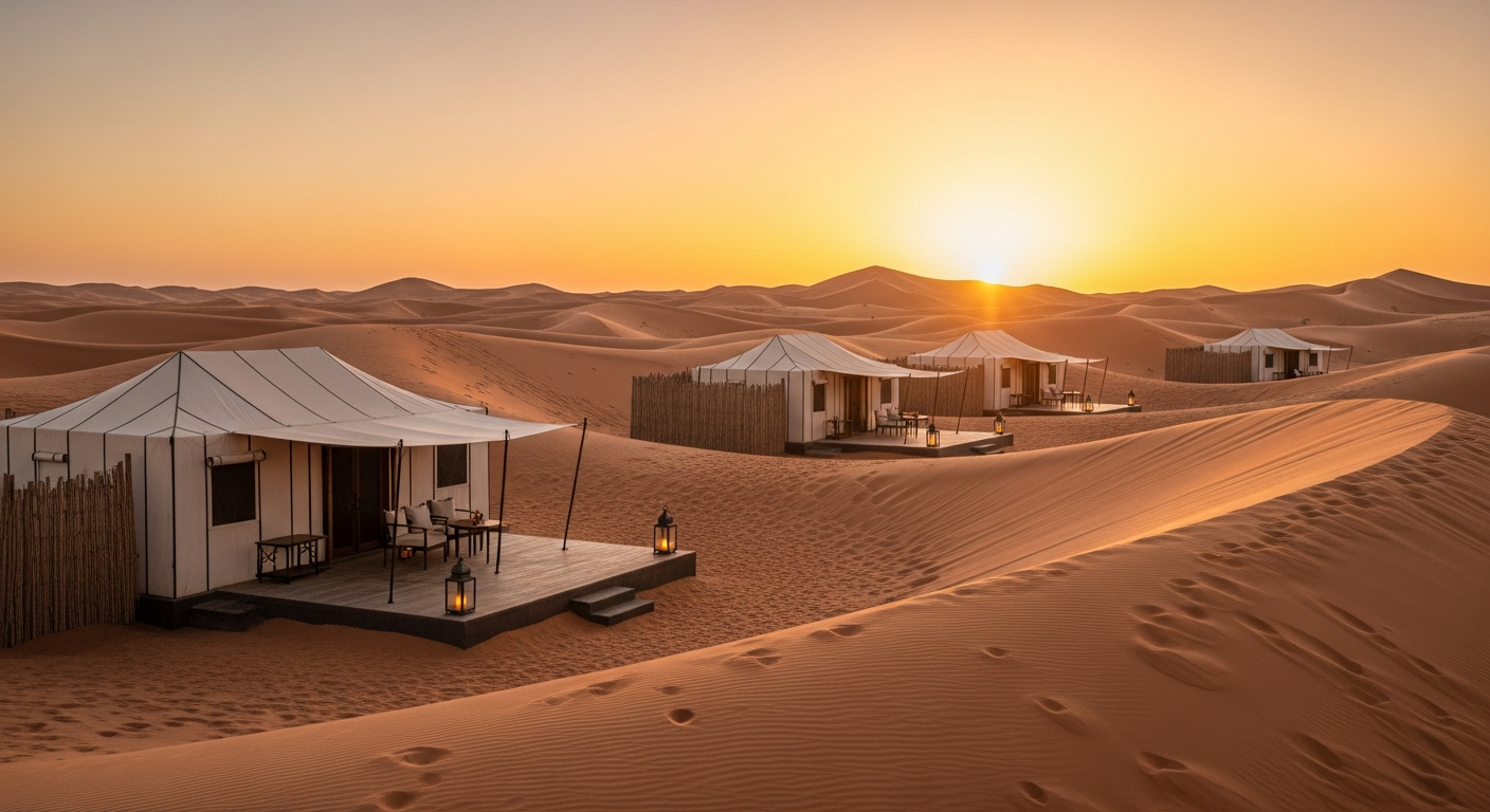 Campement de luxe dans le désert au coucher du soleil