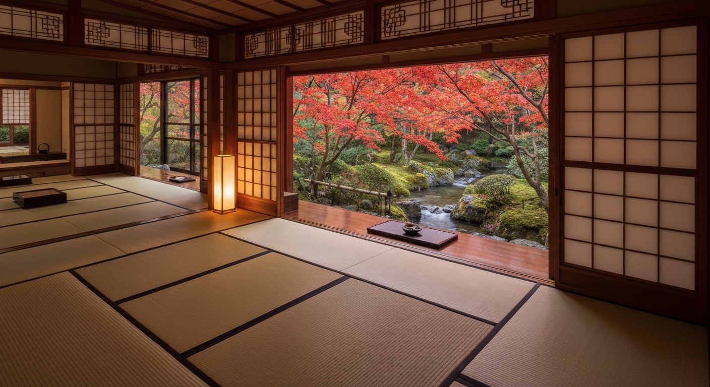 Intérieur luxueux de ryokan avec vue sur jardin d'automne