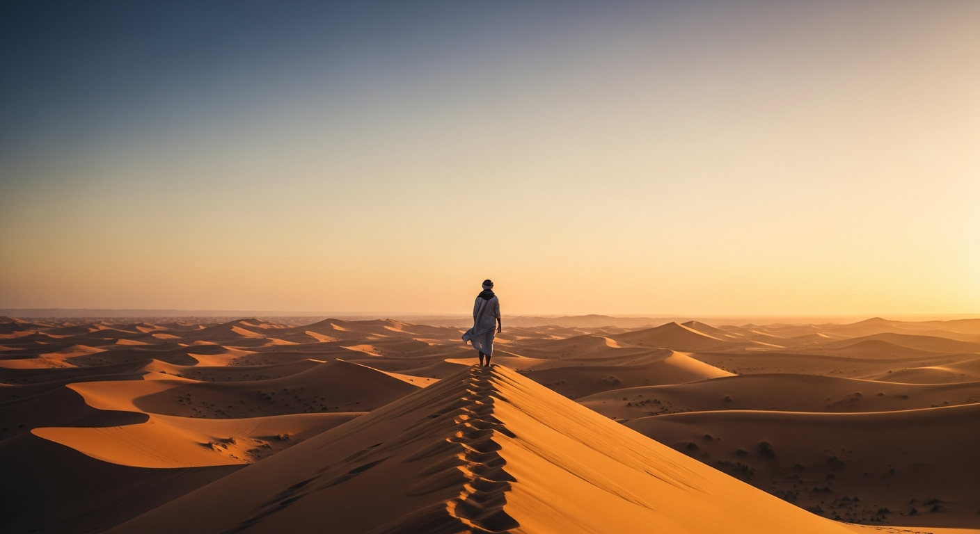 Voyageur sur les dunes au lever du soleil
