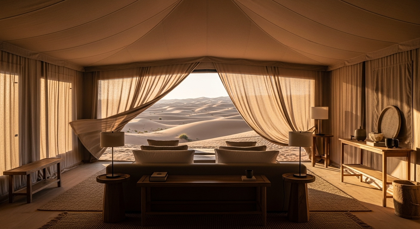 Intérieur de tente de luxe vue sur les dunes