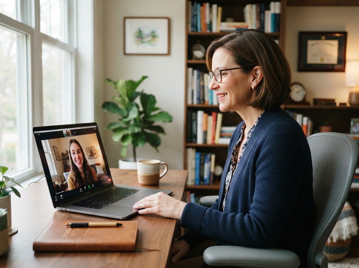 Licensed therapist leading a virtual telehealth video consultation