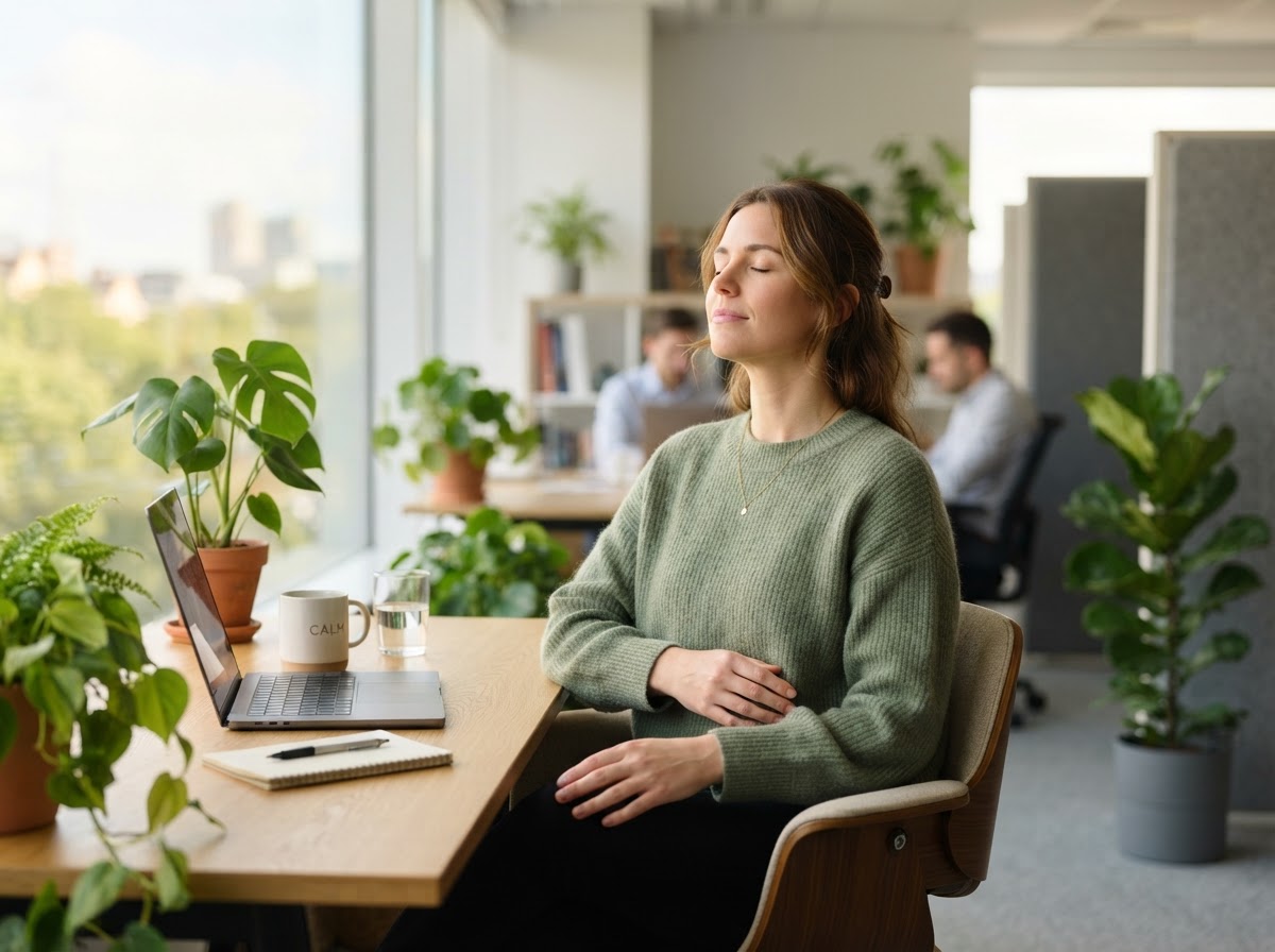 Professional woman taking a mindful, calming break at her desk