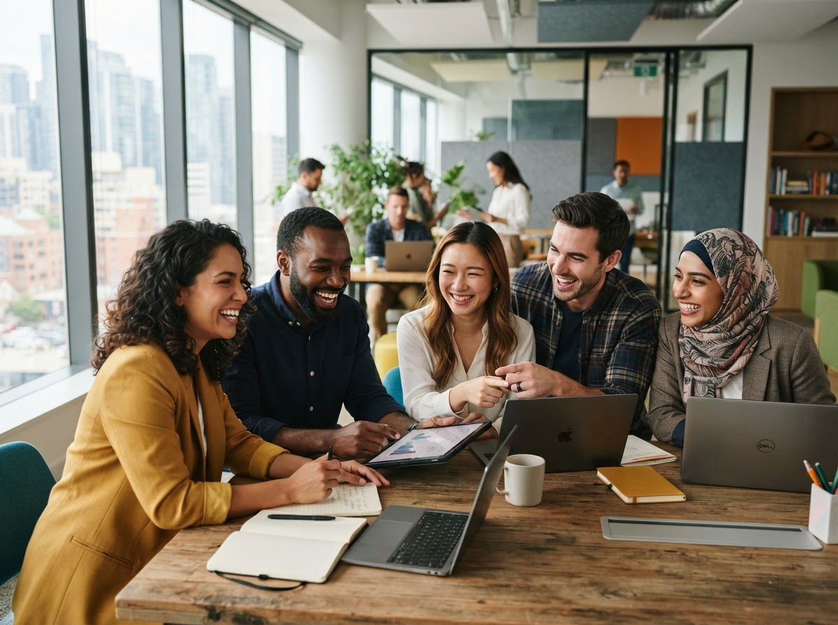 Diverse team collaborating and smiling in a bright modern office