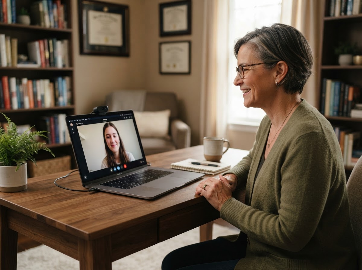 Therapist conducting a warm virtual telehealth consultation