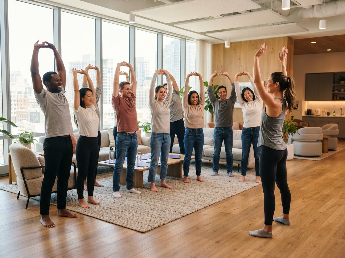 Coworkers participating in a guided workplace wellness session